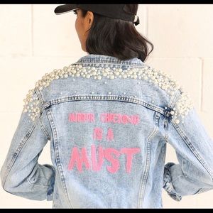 PEARLfect Denim Jacket;quality-stitched pearls and rhinestone